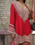 Stunning Red Chinon Kurti Crepe Sharara Suit