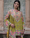 Green Viscose Crepe Suit Set with Tulip Pants – Festive Flair