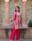 Rani Pink Brocade Kurti Pant Set Elegant Indian Wear