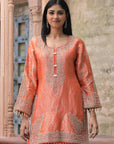 Bright Orange Brocade Kurti Pant Set Stylish Ethnic Look