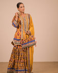 Yellow Crepe Sharara Set with Canvas tote bag with Vibrant Print Motifs
