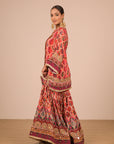 Persian Red Crepe Sharara Set with Canvas tote bag with Vibrant Print Motifs