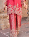 Orange Brocade Kurti Pant Set Festival Ready Indian Party Outfit