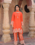Orange Brocade Kurti Pant Set Floral Festive Indian Wear