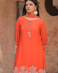 Orange Brocade Kurti Pant Set Floral Festive Indian Wear