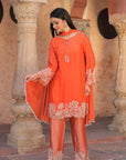Orange Brocade Kurti Pant Set Floral Festive Indian Wear