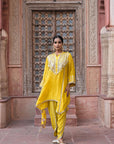 Bright Yellow Chinon Kurti Crepe Dhoti Set