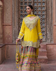 Vibrant Yellow Chinon Kurti Crepe Sharara Set