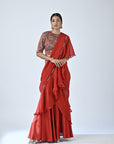 Ajrakh Embroidered Ruffle Saree