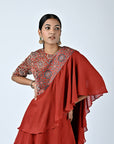 Red Ajrakh Embellished Blouse Dupatta Set