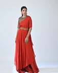 Red Ajrakh Embellished One Sleeve Laftan With Flare Pants