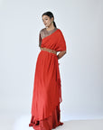 Red Ajrakh Embellished One Sleeve Laftan With Flare Pants