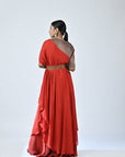 Red Ajrakh Embellished One Sleeve Laftan With Flare Pants