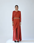 Red Embroidered Drape Pallu Jumpsuit