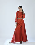 Red Embroidered Drape Pallu Jumpsuit