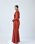 Red Embroidered Drape Pallu Jumpsuit