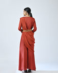 Red Embroidered Drape Pallu Jumpsuit