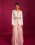 Peachy Pink Bralette And Flare Pants With Embellished Ajrakh Patchworked Jacket