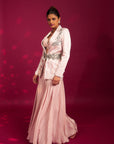 Peachy Pink Bralette And Flare Pants With Embellished Ajrakh Patchworked Jacket