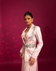 Peachy Pink Bralette And Flare Pants With Embellished Ajrakh Patchworked Jacket