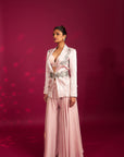 Peachy Pink Bralette And Flare Pants With Embellished Ajrakh Patchworked Jacket