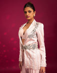 Peachy Pink Bralette And Flare Pants With Embellished Ajrakh Patchworked Jacket
