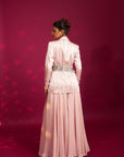 Peachy Pink Bralette And Flare Pants With Embellished Ajrakh Patchworked Jacket