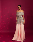 Peacy Pink Off Shoulder Stripwork Peplum Top With Flare Pants