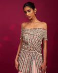 Peacy Pink Off Shoulder Stripwork Peplum Top With Flare Pants