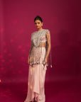 Peachy Pink Ajrakh Stripwork Jacket Paired Up With Peachy Pink Bralette And Drape Dhoti Skirt