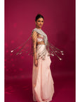 Peachy Pink Ajrakh Stripwork Jacket Paired Up With Peachy Pink Bralette And Drape Dhoti Skirt
