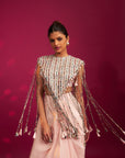 Peachy Pink Ajrakh Stripwork Jacket Paired Up With Peachy Pink Bralette And Drape Dhoti Skirt