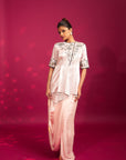 Peachy Pink Embellished Ajrakh Jacket With Drape Dhoti Skirt