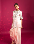 Peachy Pink Embellished Ajrakh Jacket With Drape Dhoti Skirt