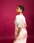 Peachy Pink Embellished Ajrakh Jacket With Drape Dhoti Skirt