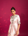 Peachy Pink Embellished Ajrakh Jacket With Drape Dhoti Skirt