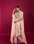 Peachy Pink Embellished Ajrakh Blouse With Embroidered Cape And Dhoti