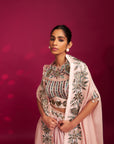 Peachy Pink Embellished Ajrakh Blouse With Embroidered Cape And Dhoti
