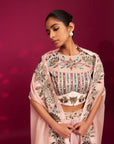 Peachy Pink Embellished Ajrakh Blouse With Embroidered Cape And Dhoti