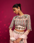 Peachy Pink Embellished Ajrakh Blouse With Embroidered Cape And Dhoti