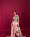 Peachy Pink Embellished Ajrakh Blouse With Embroidered Cape And Dhoti