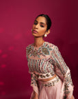 Peachy Pink Embellished Ajrakh Blouse With Embroidered Cape And Dhoti