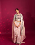 Peachy Pink Embellished Ajrakh Blouse With Embroidered Cape And Dhoti