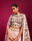 Peachy Pink Embellished Ajrakh Blouse With Embroidered Cape And Dhoti