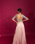 Peachy Pink Embellished Ajrakh Blouse With Embroidered Cape And Dhoti