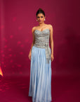 Powder Blue Ajrakh Stripped Corset With Pleated Pants