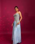 Powder Blue Ajrakh Stripped Corset With Pleated Pants