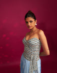 Powder Blue Ajrakh Stripped Corset With Pleated Pants
