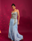 Powder Blue Ajrakh Stripped Corset With Pleated Pants