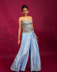 Powder Blue Ajrakh Stripped Corset With Pleated Pants